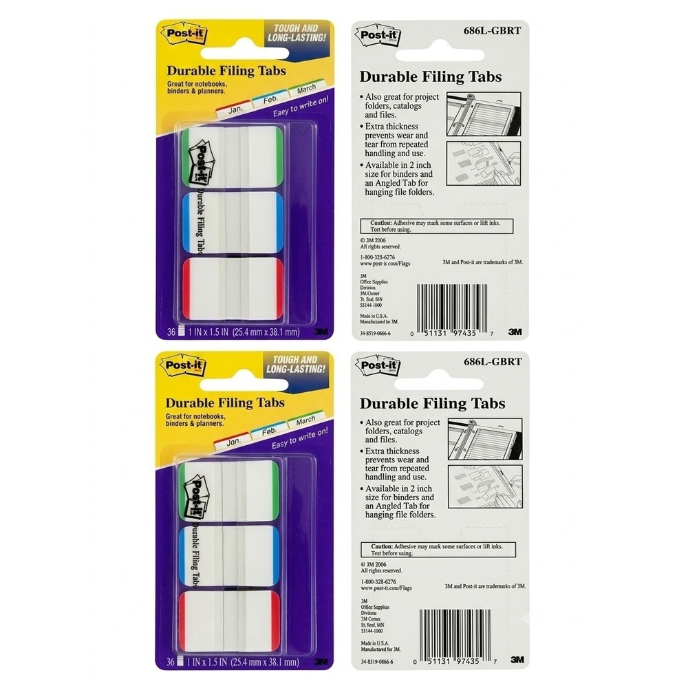 Vintage 2006 Post-it Durable Filing Tabs 1x1.5 Green Blue Red 686L-GBRT 2 Pack